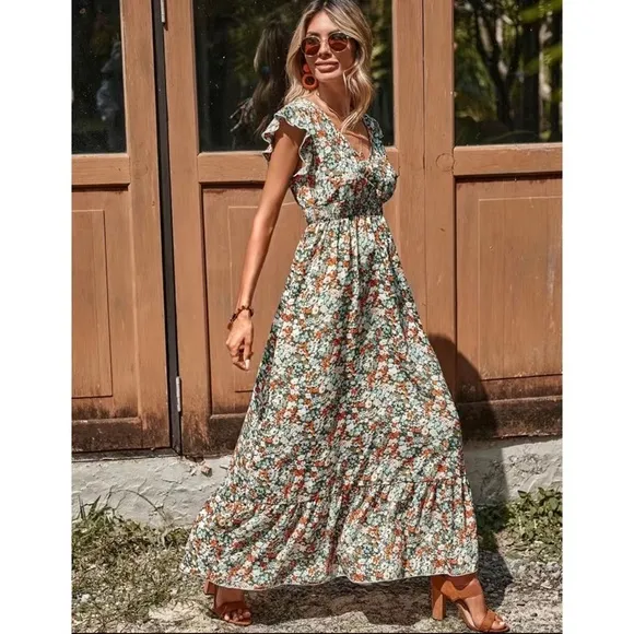 Ditsy Floral Ruffle Trim V Neck Smocked Waist Boho Maxi Dress M L XL Nwt