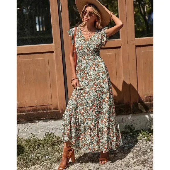 Ditsy Floral Ruffle Trim V Neck Smocked Waist Boho Maxi Dress M L XL Nwt