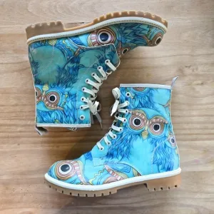 Dogo Shoes Aqua Owl Print Vegan Leather Combat Boots