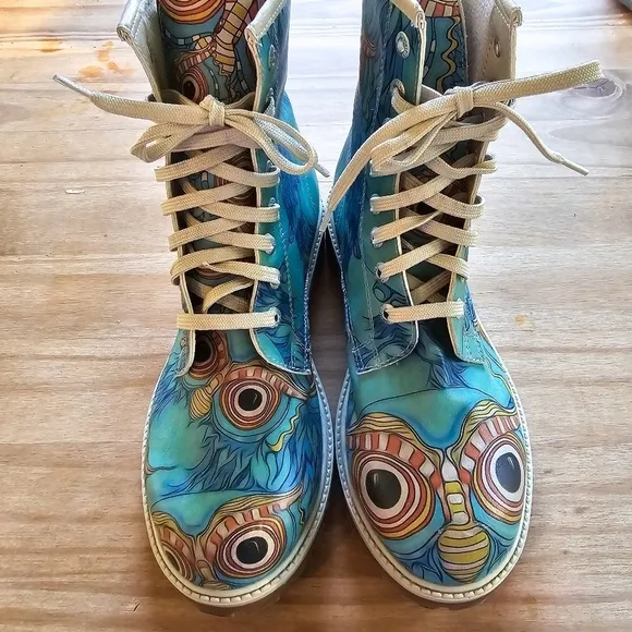 Dogo Shoes Aqua Owl Print Vegan Leather Combat Boots