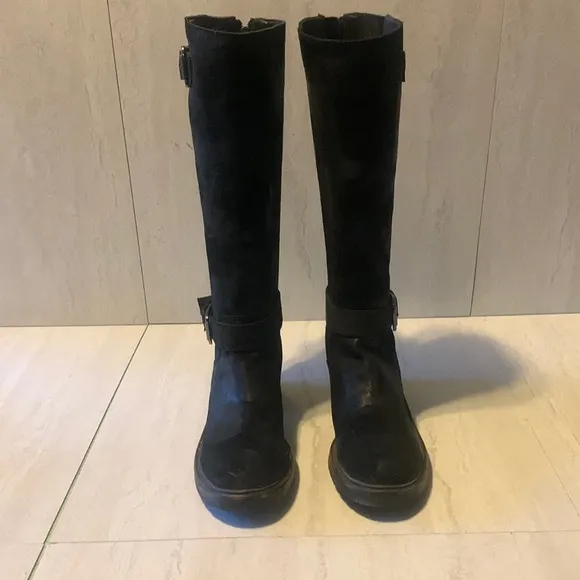 Donald J. Pliner Tall Black Suede Leather Heeled Buckle Winter Boots Size 6.5