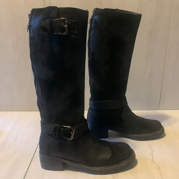 Donald J. Pliner Tall Black Suede Leather Heeled Buckle Winter Boots Size 6.5