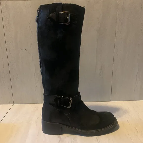Donald J. Pliner Tall Black Suede Leather Heeled Buckle Winter Boots Size 6.5