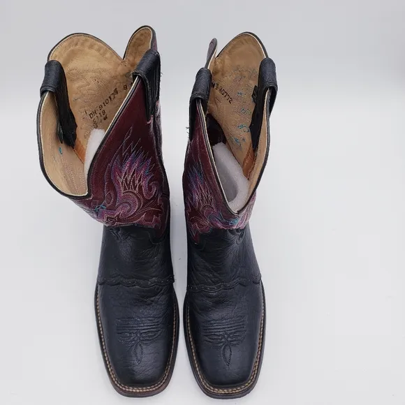 Double H 11&quot; Roper Cowboy Boots Wide Square Toe Black Purple Men's Size 9 M