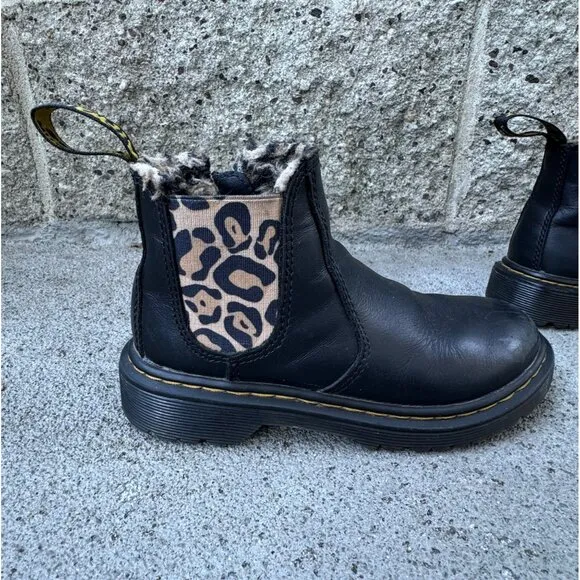 DR DOC MARTENS Leopard Lined Chelsea Boots Girls 12 29 EU Faux Fur Pull On Boot