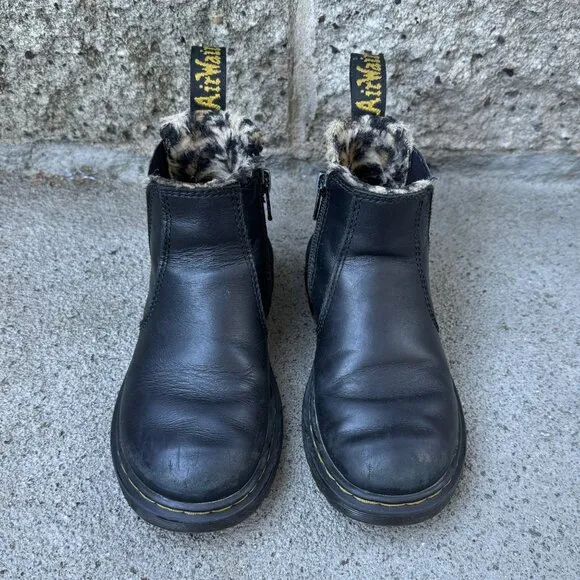 DR DOC MARTENS Leopard Lined Chelsea Boots Girls 12 29 EU Faux Fur Pull On Boot
