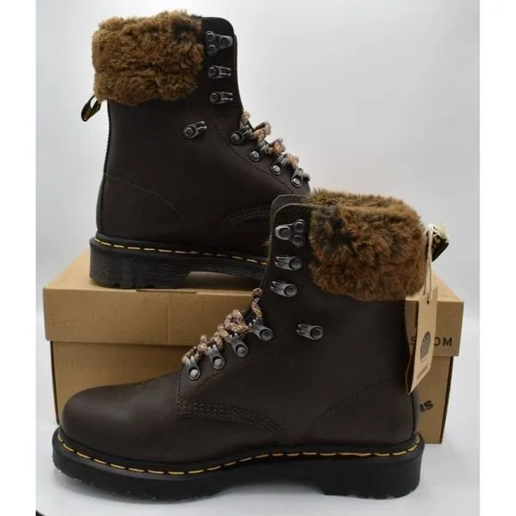 Dr Martens 1460 Womens Size 8 Serena Collar Lined Brown Leather Winter Boots