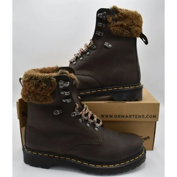 Dr Martens 1460 Womens Size 8 Serena Collar Lined Brown Leather Winter Boots