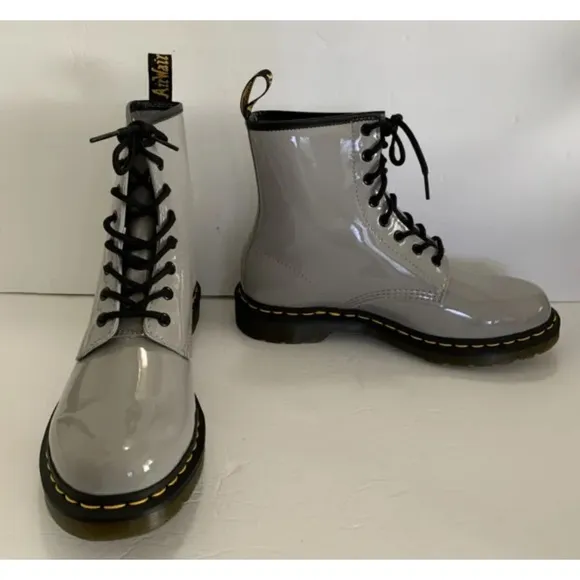 Dr. Martens Doc Gray patent leather combat boots 10 New No Box Bouncing Soles