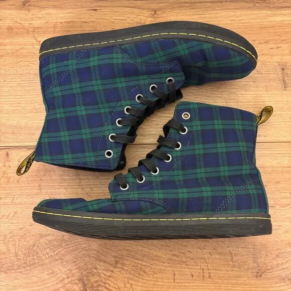 Dr Martens Hackney Boots Unisex Size US 9 UK 7 Plaid Green Blue Lace Up Canvas