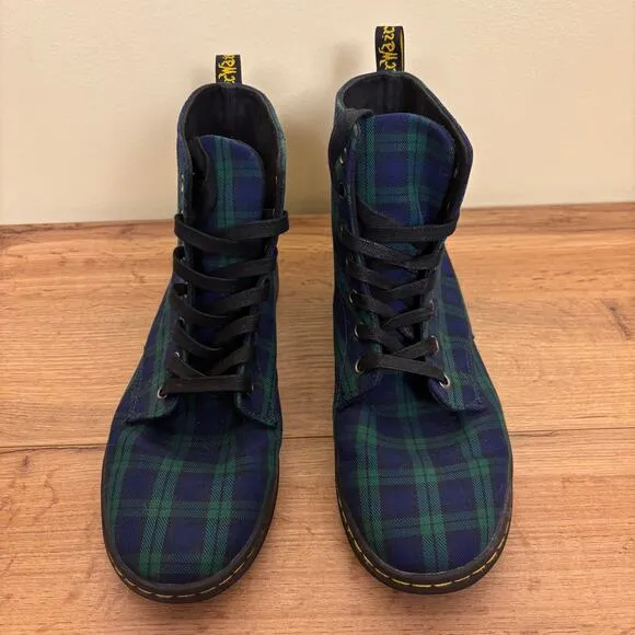 Dr Martens Hackney Boots Unisex Size US 9 UK 7 Plaid Green Blue Lace Up Canvas