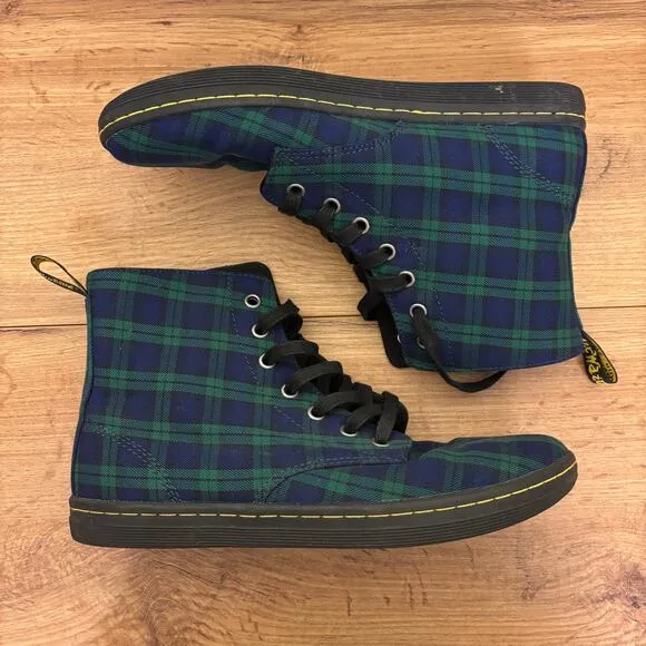 Dr Martens Hackney Boots Unisex Size US 9 UK 7 Plaid Green Blue Lace Up Canvas