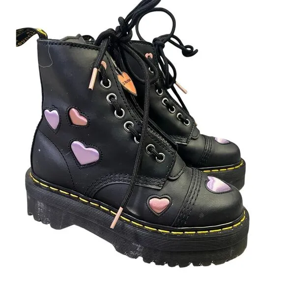Dr. Martens Sinclair Leather Heart Platform Boots, Women’s 5- Eur 36 Black/Pink
