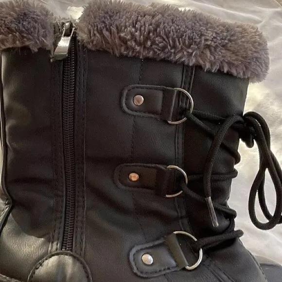 Dream Pairs Black, Grey Snow Boots Faux Leather Fur Women’s Sz 6 Winter Comfort