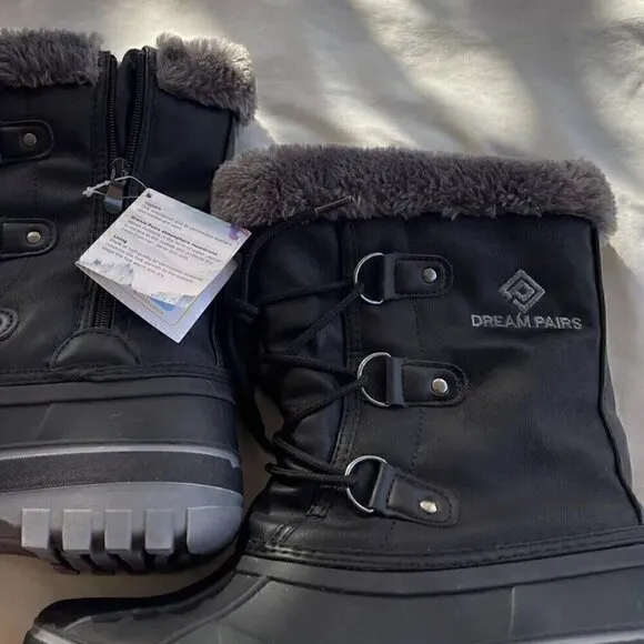 Dream Pairs Black, Grey Snow Boots Faux Leather Fur Women’s Sz 6 Winter Comfort