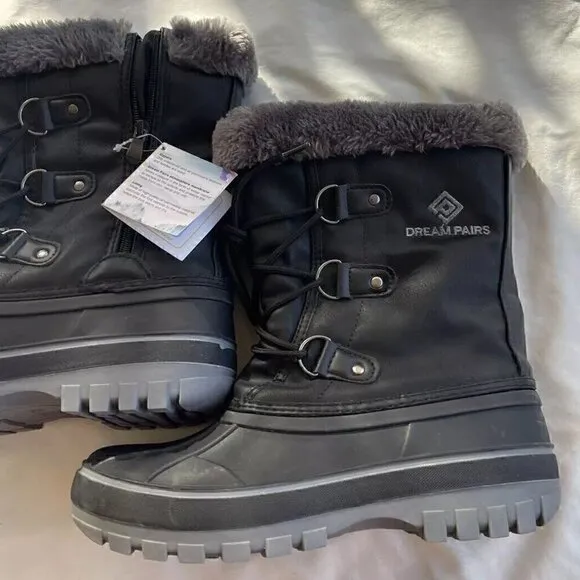 Dream Pairs Black, Grey Snow Boots Faux Leather Fur Women’s Sz 6 Winter Comfort