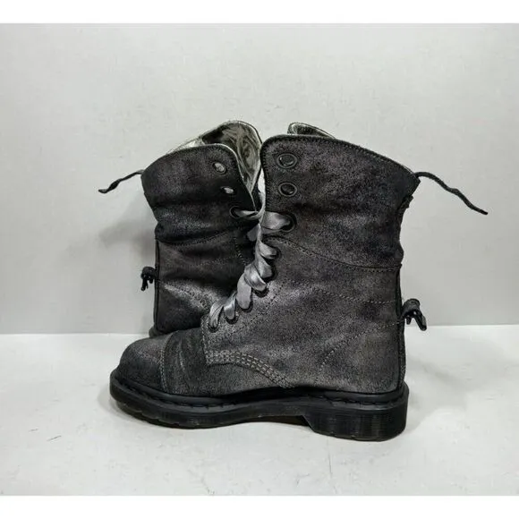 Dr. Martens Aimilie Women's Pewter Metallic Leather Fold Over 9 Eye Boots Size 6