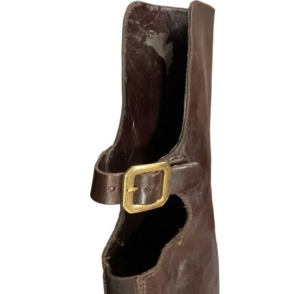 Dune London Brown Leather Over the Knee Riding Boots Open Back Buckle Sz 37 US 6