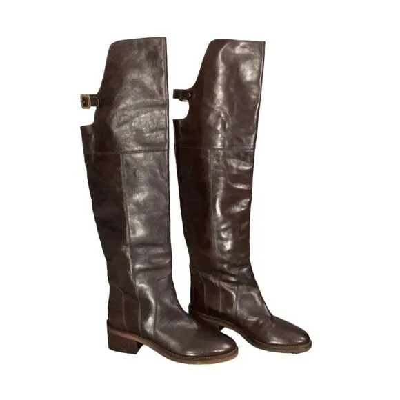 Dune London Brown Leather Over the Knee Riding Boots Open Back Buckle Sz 37 US 6