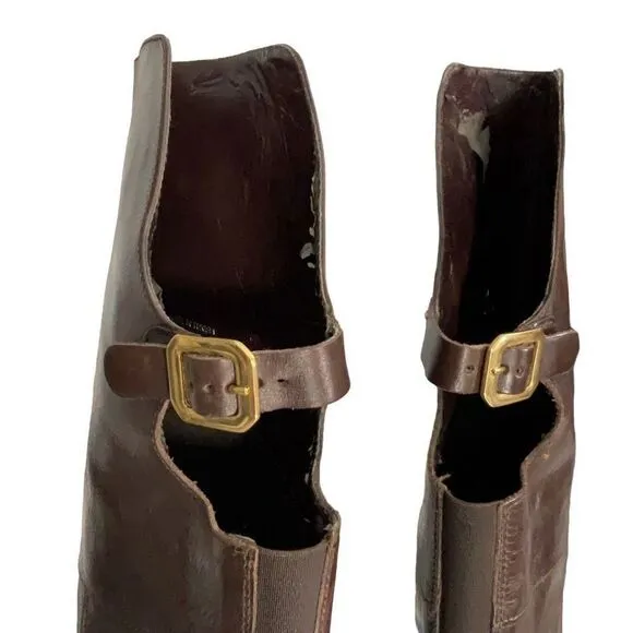 Dune London Brown Leather Over the Knee Riding Boots Open Back Buckle Sz 37 US 6