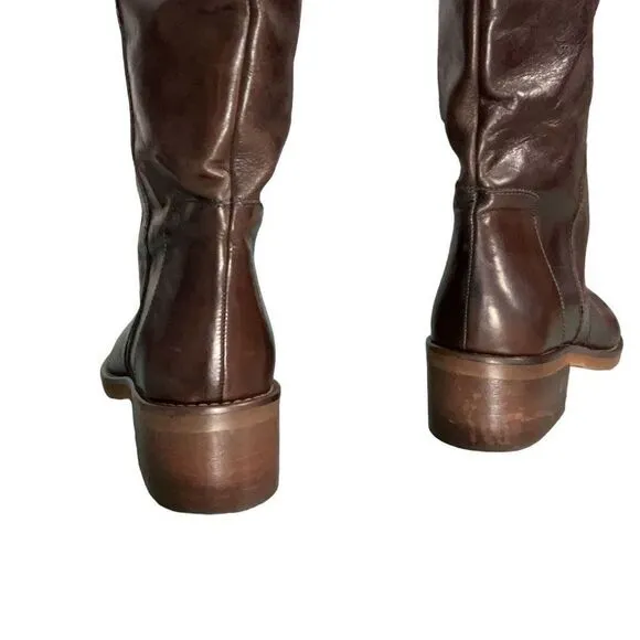 Dune London Brown Leather Over the Knee Riding Boots Open Back Buckle Sz 37 US 6