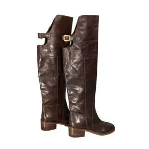 Dune London Brown Leather Over the Knee Riding Boots Open Back Buckle Sz 37 US 6