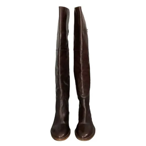 Dune London Brown Leather Over the Knee Riding Boots Open Back Buckle Sz 37 US 6