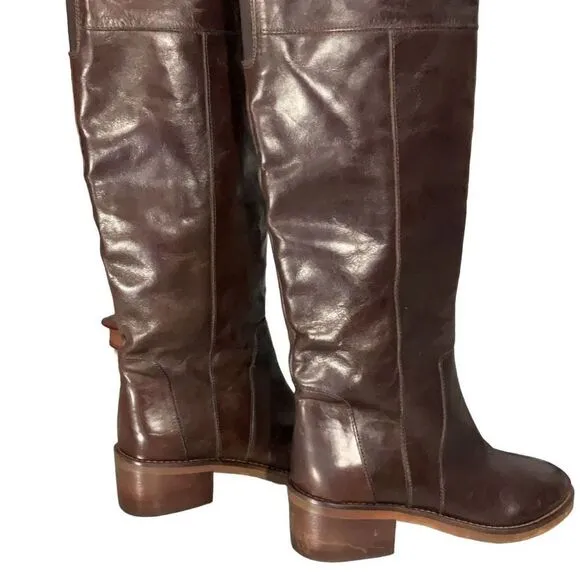 Dune London Brown Leather Over the Knee Riding Boots Open Back Buckle Sz 37 US 6