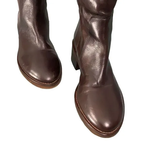 Dune London Brown Leather Over the Knee Riding Boots Open Back Buckle Sz 37 US 6