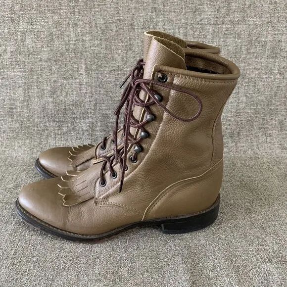 DURANGO 1717  Kiltie Lace UP Leather Roper Western Boots Mens Sz 8 D Taupe Brown