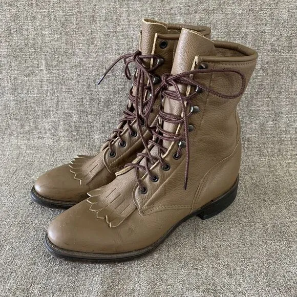DURANGO 1717  Kiltie Lace UP Leather Roper Western Boots Mens Sz 8 D Taupe Brown