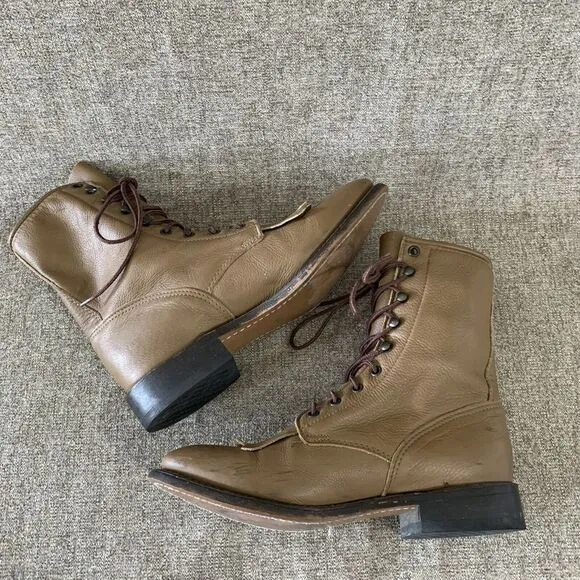 DURANGO 1717  Kiltie Lace UP Leather Roper Western Boots Mens Sz 8 D Taupe Brown