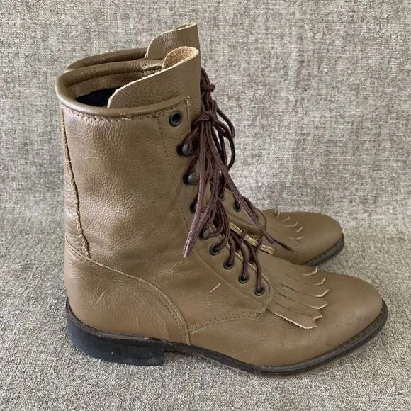 DURANGO 1717  Kiltie Lace UP Leather Roper Western Boots Mens Sz 8 D Taupe Brown