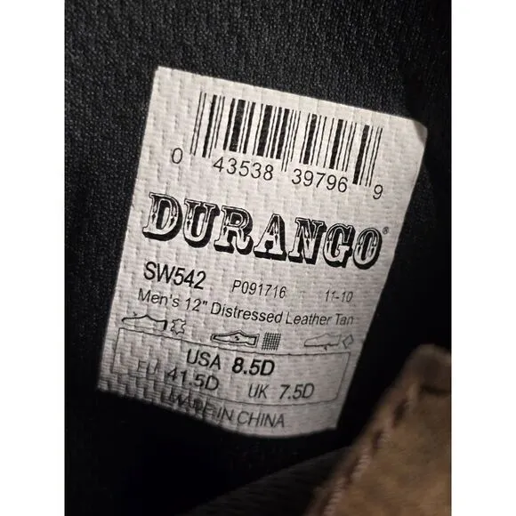 Durango SW542 Men's 12&quot; Distressed Leather Tan Western Boots Size‎ 8.5D