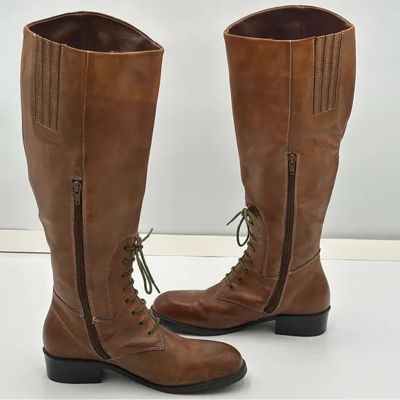 Earth Spirit Tall Leather Riding Boots Sz 8 Laces Zipper Equestrian Rustic Boho