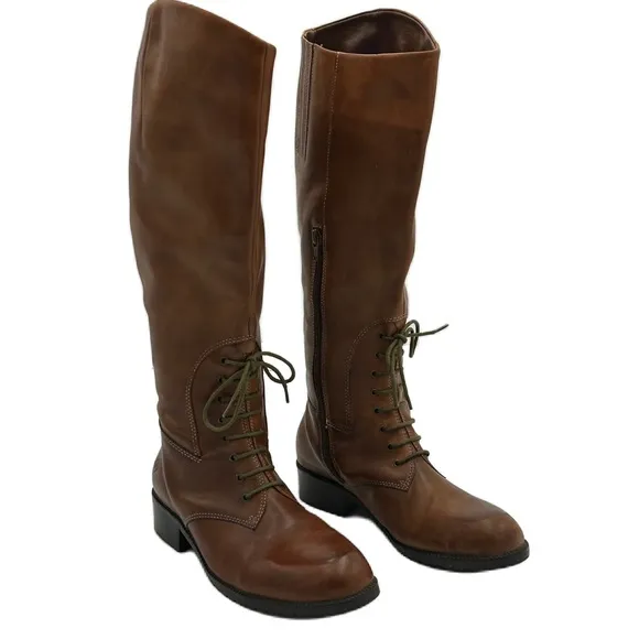 Earth Spirit Tall Leather Riding Boots Sz 8 Laces Zipper Equestrian Rustic Boho