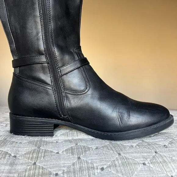Easy Spirit Seleigh Black Leather Riding Boots Side Zip Low Heel Women’s 9.5