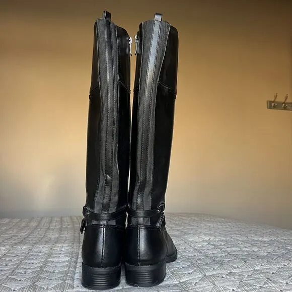 Easy Spirit Seleigh Black Leather Riding Boots Side Zip Low Heel Women’s 9.5