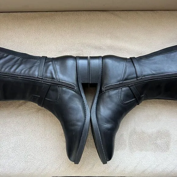 Easy Spirit Seleigh Black Leather Riding Boots Side Zip Low Heel Women’s 9.5