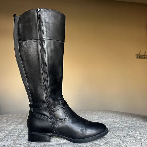 Easy Spirit Seleigh Black Leather Riding Boots Side Zip Low Heel Women’s 9.5