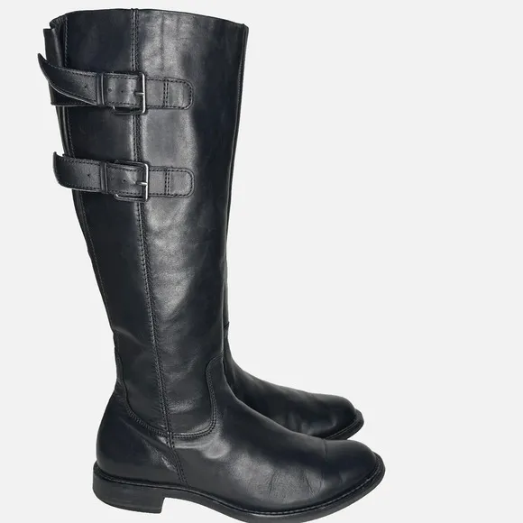 ECCO Tall Boots Womens Size 8 Black Leather Riding Equestrian Double Buckle