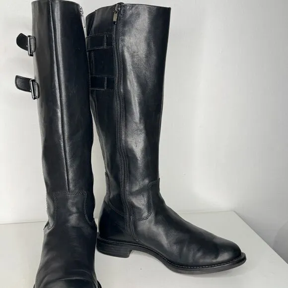 ECCO Tall Boots Womens Size 8 Black Leather Riding Equestrian Double Buckle