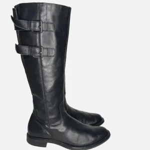 ECCO Tall Boots Womens Size 8 Black Leather Riding Equestrian Double Buckle