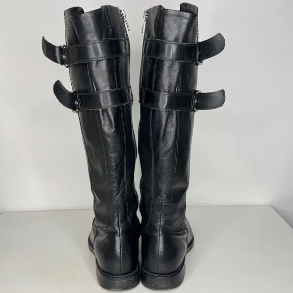 ECCO Tall Boots Womens Size 8 Black Leather Riding Equestrian Double Buckle