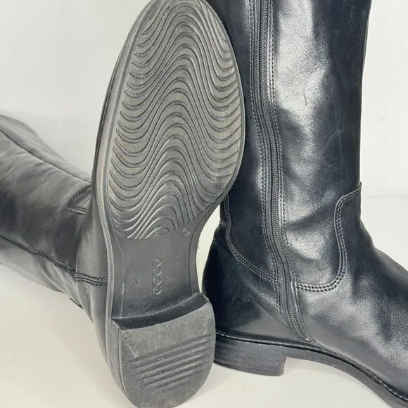 ECCO Tall Boots Womens Size 8 Black Leather Riding Equestrian Double Buckle