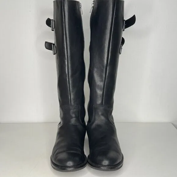 ECCO Tall Boots Womens Size 8 Black Leather Riding Equestrian Double Buckle