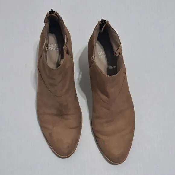 Eileen Fisher Tote Chic Ankle Boots Stacked Heel Size 8.5 Earth Tumbled Nubuck
