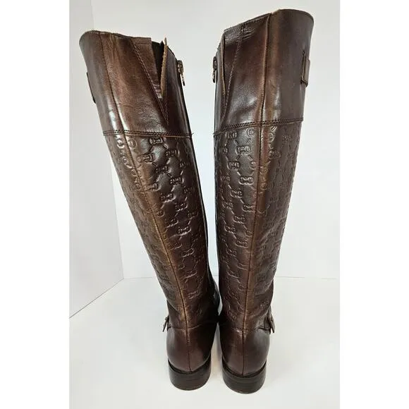 Etienne‎ Aigner Designer Leather Embossed LOGO Brown Tall Riding Boots Size 6.5M