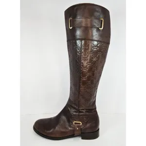 Etienne‎ Aigner Designer Leather Embossed LOGO Brown Tall Riding Boots Size 6.5M