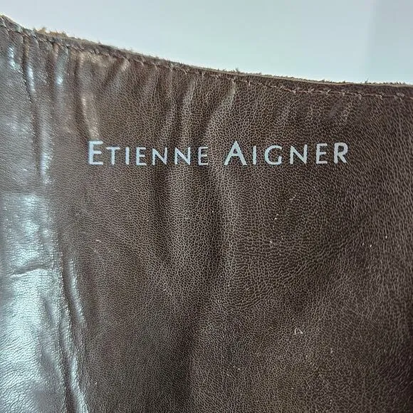 Etienne‎ Aigner Designer Leather Embossed LOGO Brown Tall Riding Boots Size 6.5M
